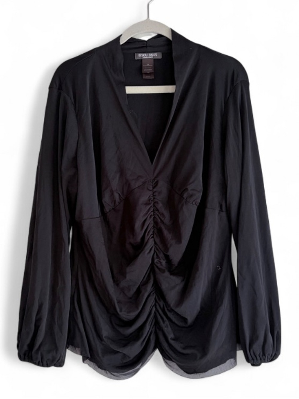 Bisou Bisou Black Gathered Front Long Sleeve Boho Knit Shirt Size 2X